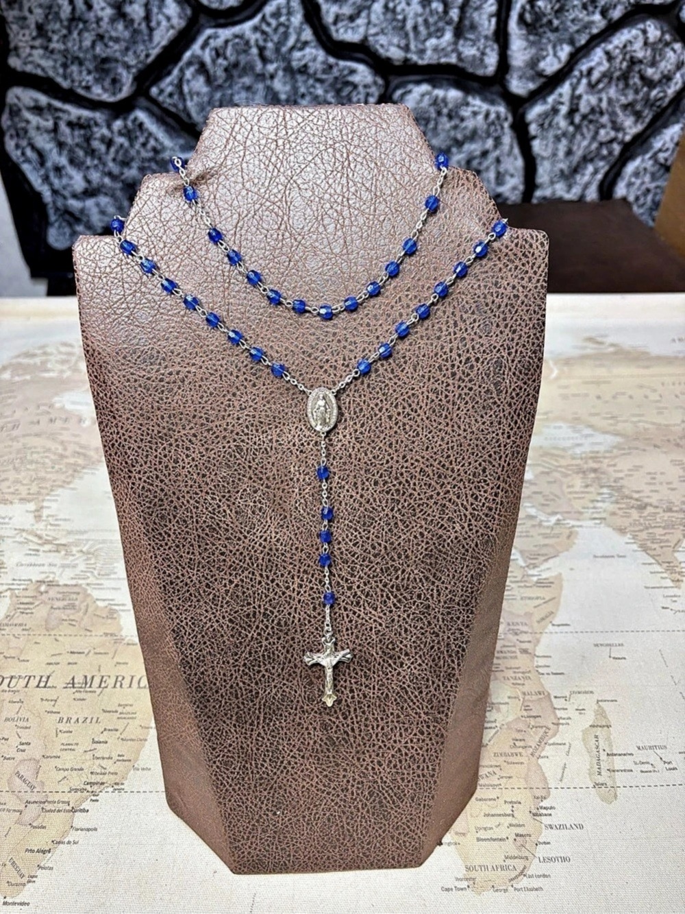 Blue Beaded Rosary Necklace